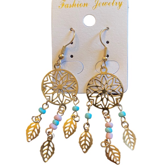 Gold and Beaded Lightweight Dream Catcher Earrings - Picture 1 of 5